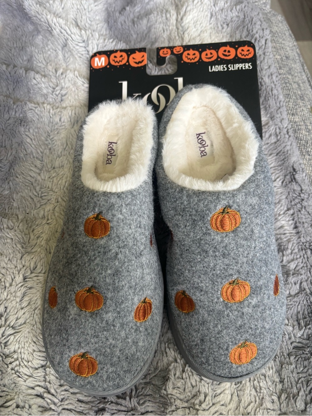 Kooba Gray Slip-On Kids Slippers with Orange Pumpkin Embroidery